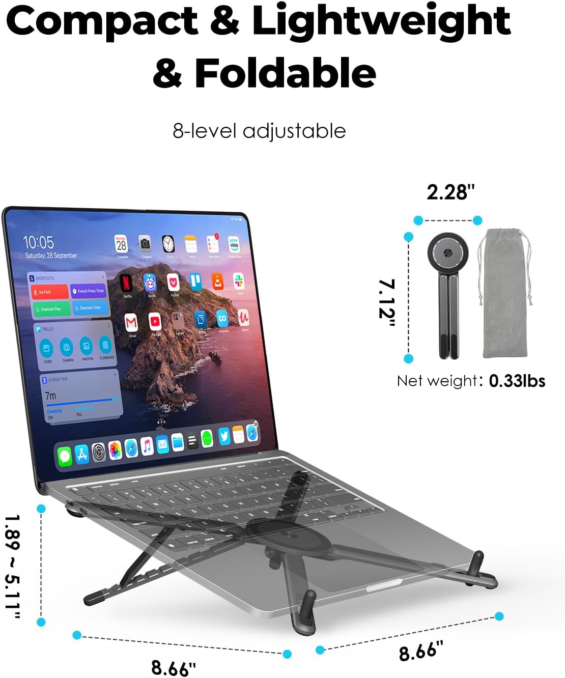 Portable Laptop Stand for Desk & Travel. Magnetic Phone Holder Tripod. Compatible with 10–16 Laptops and 4–13 Phones/Tablets. Compact Foldable Aluminum Alloy. 8-Level Height Adjustment