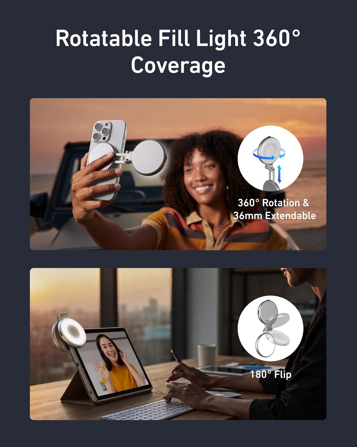 Magnetic Selfie Light, Phone Light Compatible with iPhone Magsafe, CRI97 360° LED Selfie Ring Fill Light with Mirror for Selfies/Photography/TikTok/Zoom Calls/Video Conference