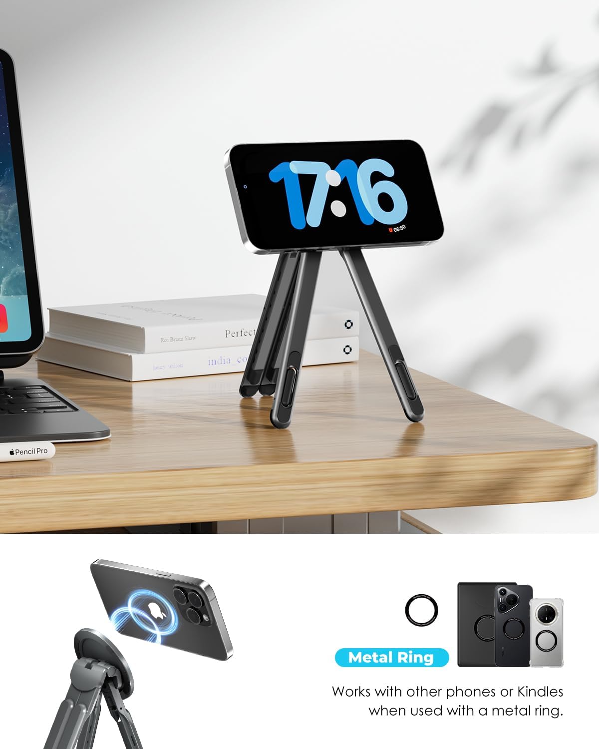 Portable Laptop Stand for Desk & Travel. Magnetic Phone Holder Tripod. Compatible with 10–16 Laptops and 4–13 Phones/Tablets. Compact Foldable Aluminum Alloy. 8-Level Height Adjustment
