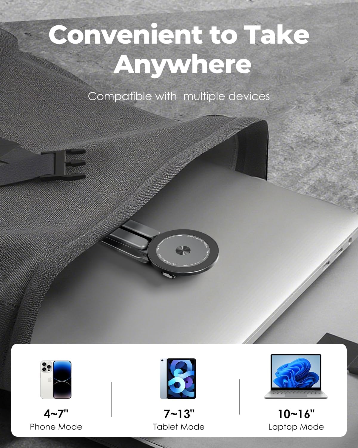 Portable Laptop Stand for Desk & Travel. Magnetic Phone Holder Tripod. Compatible with 10–16 Laptops and 4–13 Phones/Tablets. Compact Foldable Aluminum Alloy. 8-Level Height Adjustment