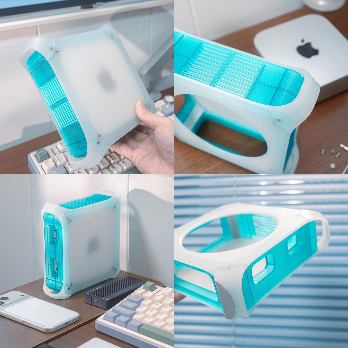 Mac mini in translucent Bondi Blue retro vertical stand on real desks