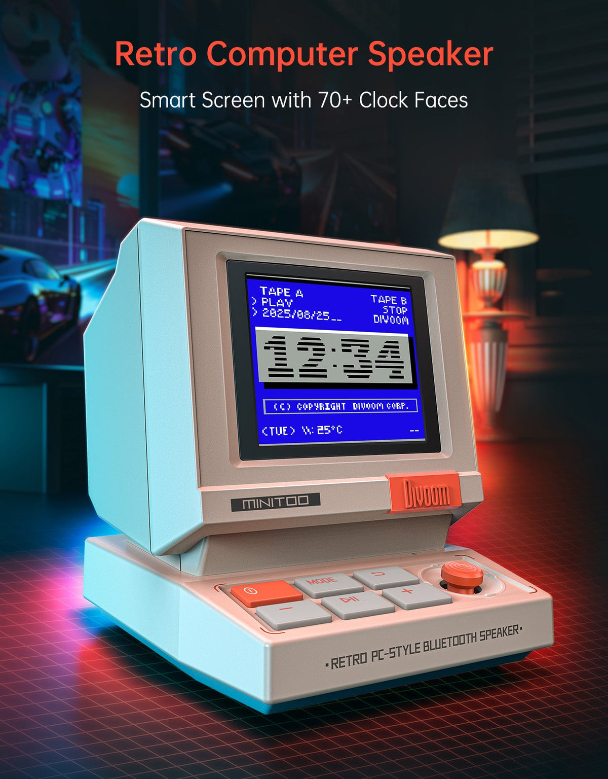 Retro computer Bluetooth speaker with customizable smart pixel clock display