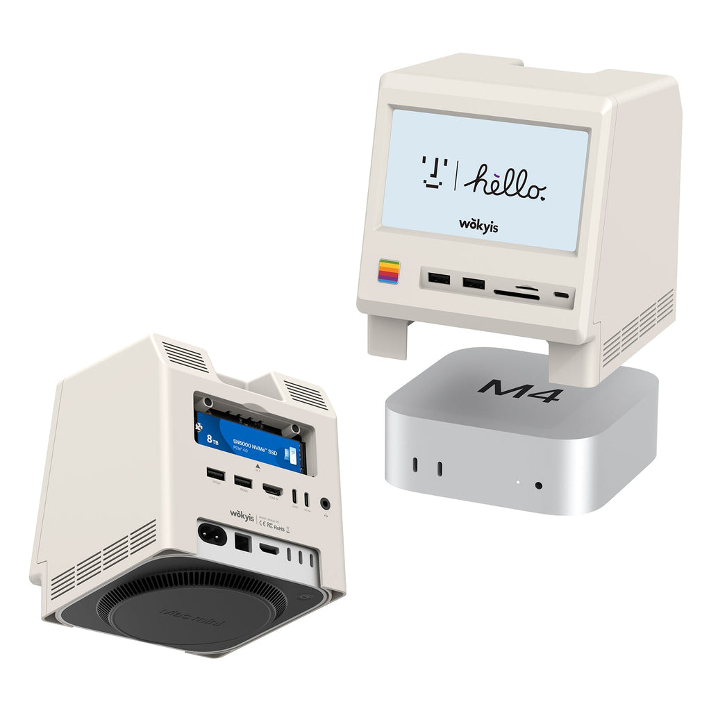 Retro Docking Station for Mac mini M4 with 5-inch Full HD Monitor and 10Gbps/80Gbps M.2 NVMe PCIe SSD Enclosure