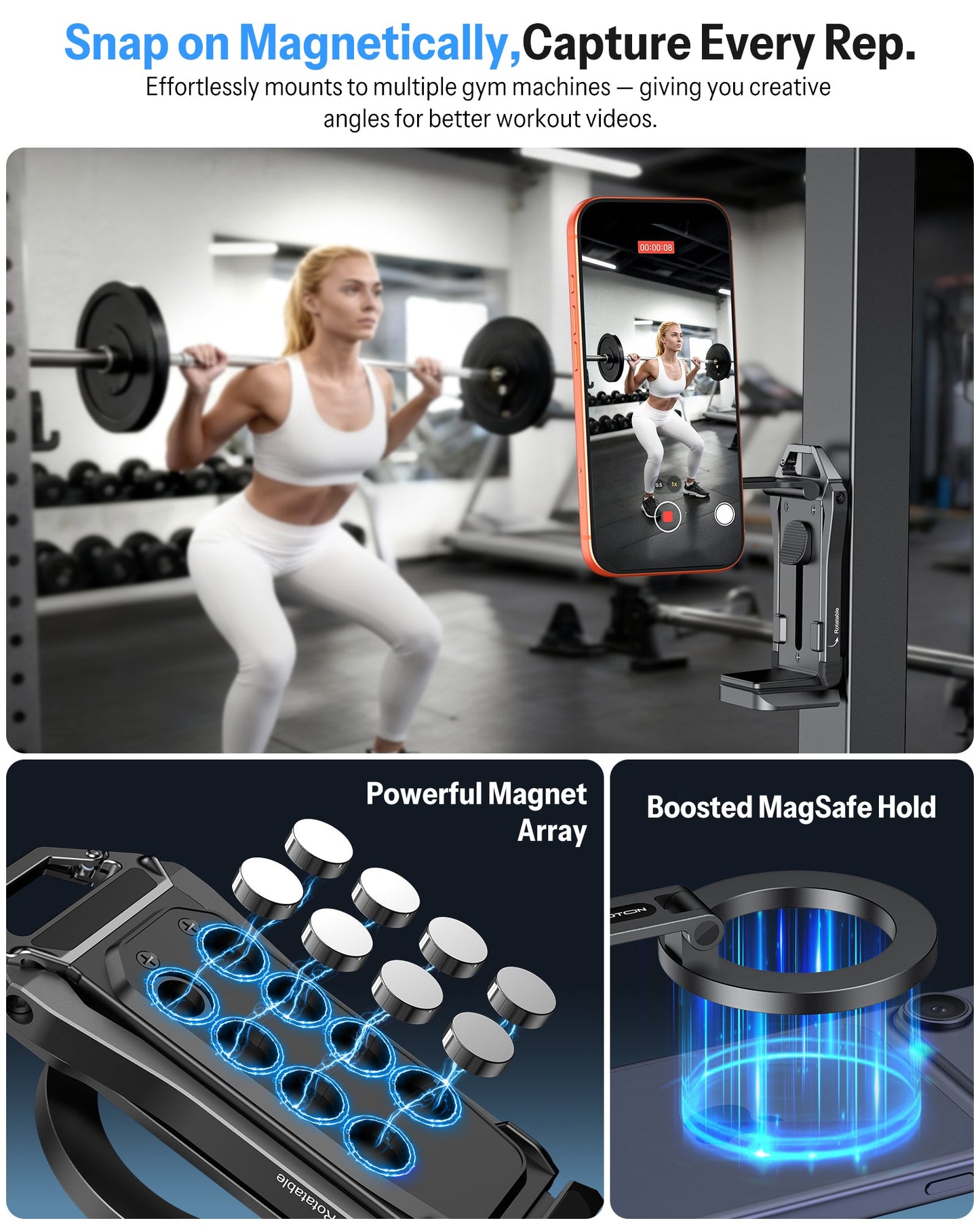 Magnetic Phone Holder for Vlogging, Content Creator Essentials with 1/4" Screw, Arca, Strong Back Magnet for Gym, Adjustable Phone Stand & Selfie Stick