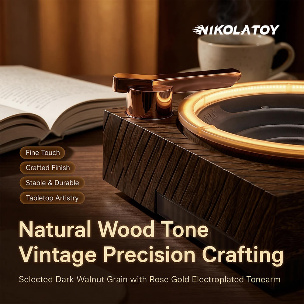 Close-up of vintage walnut wood white noise machine with rose gold tonearm