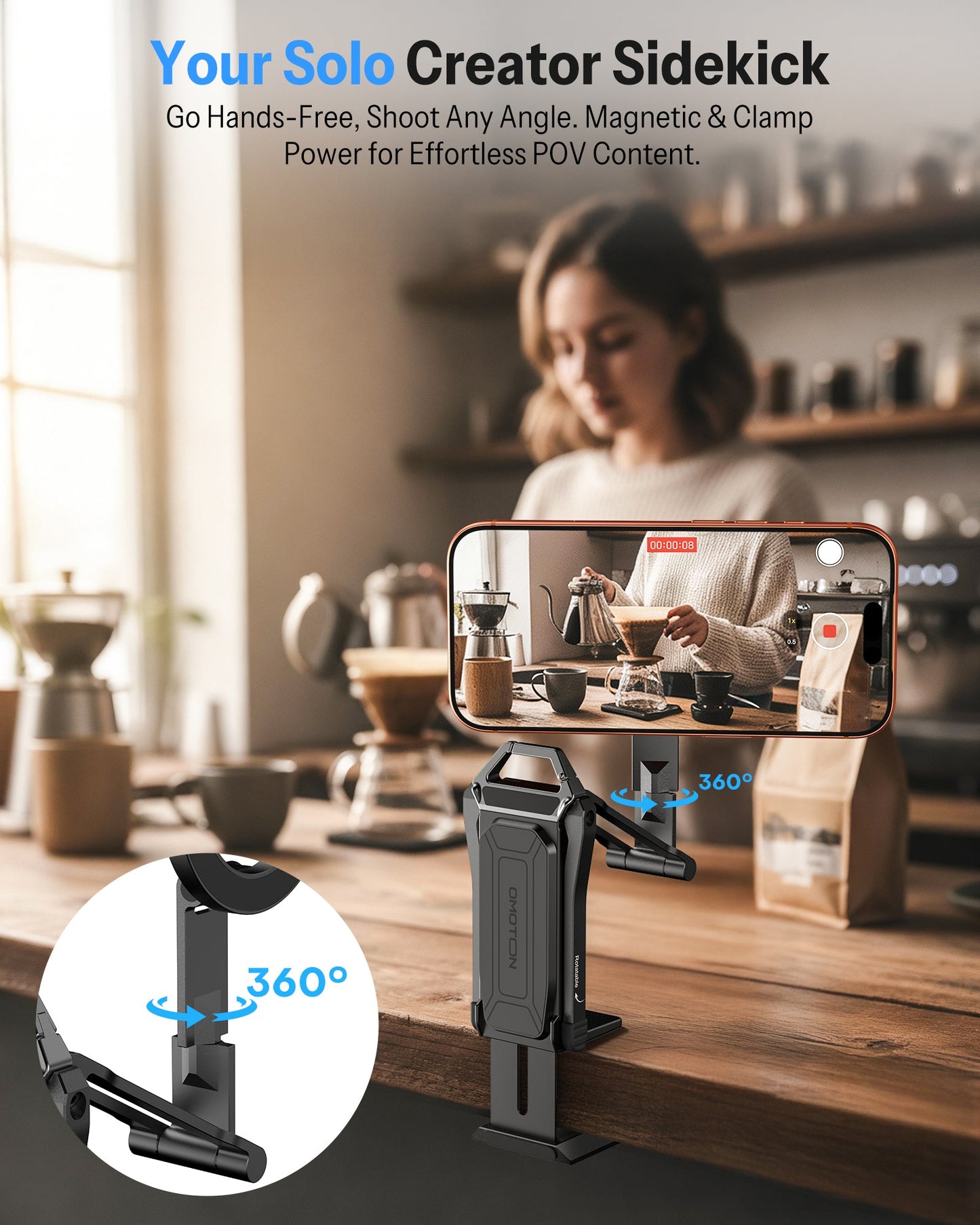 Magnetic Phone Holder for Vlogging, Content Creator Essentials with 1/4" Screw, Arca, Strong Back Magnet for Gym, Adjustable Phone Stand & Selfie Stick