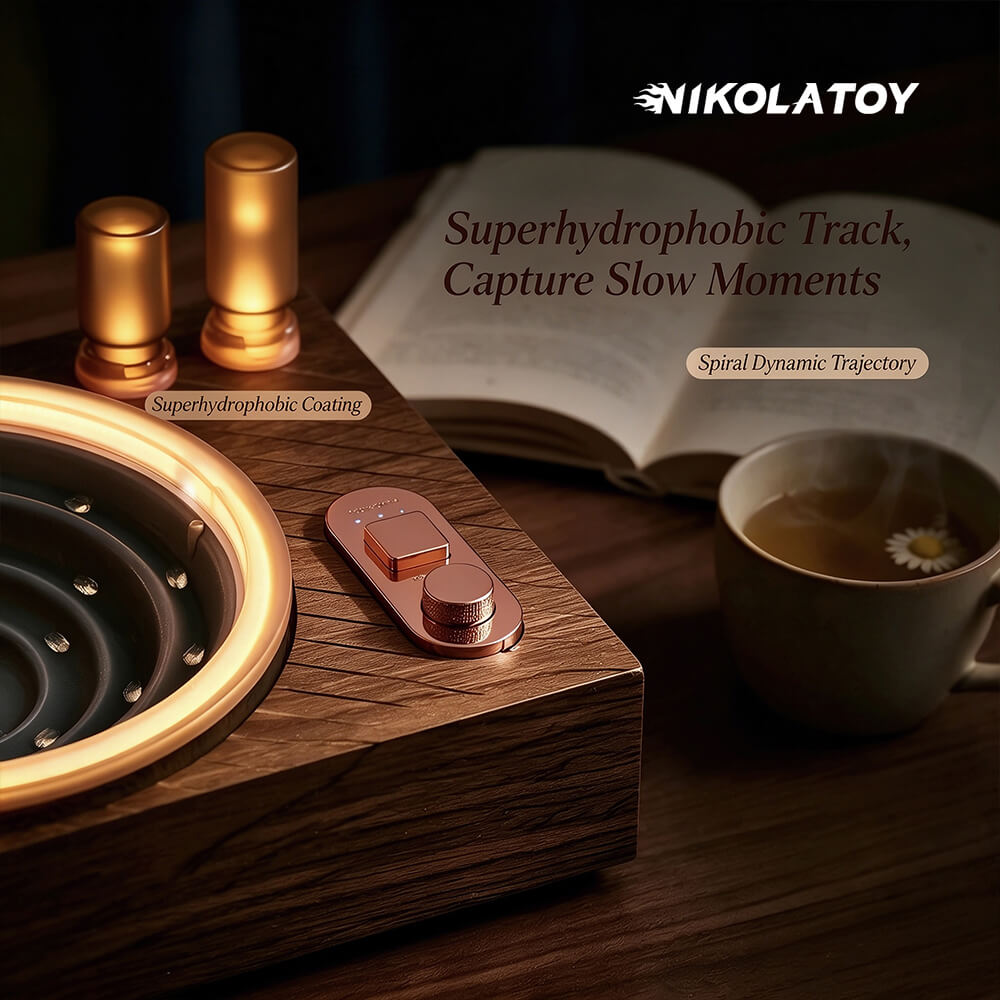 Water droplets on superhydrophobic spiral track of the white noise machine