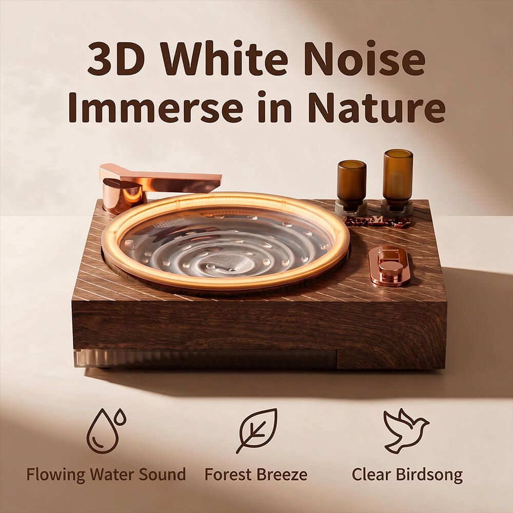 White noise machine with 3D nature sounds: flowing water, forest breeze and clear birdsong