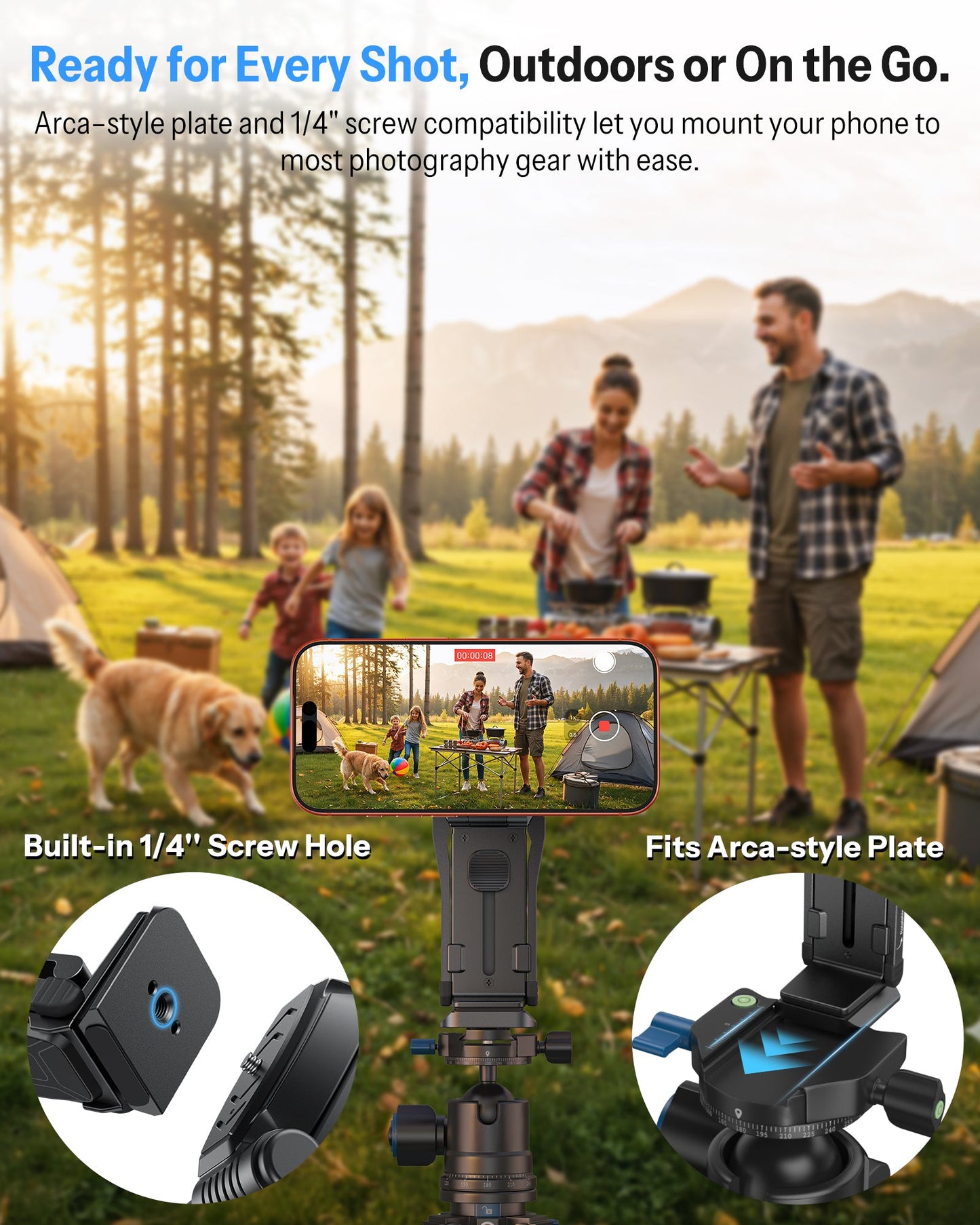 Magnetic Phone Holder for Vlogging, Content Creator Essentials with 1/4" Screw, Arca, Strong Back Magnet for Gym, Adjustable Phone Stand & Selfie Stick