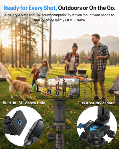 Magnetic Phone Holder for Vlogging, Content Creator Essentials with 1/4" Screw, Arca, Strong Back Magnet for Gym, Adjustable Phone Stand & Selfie Stick