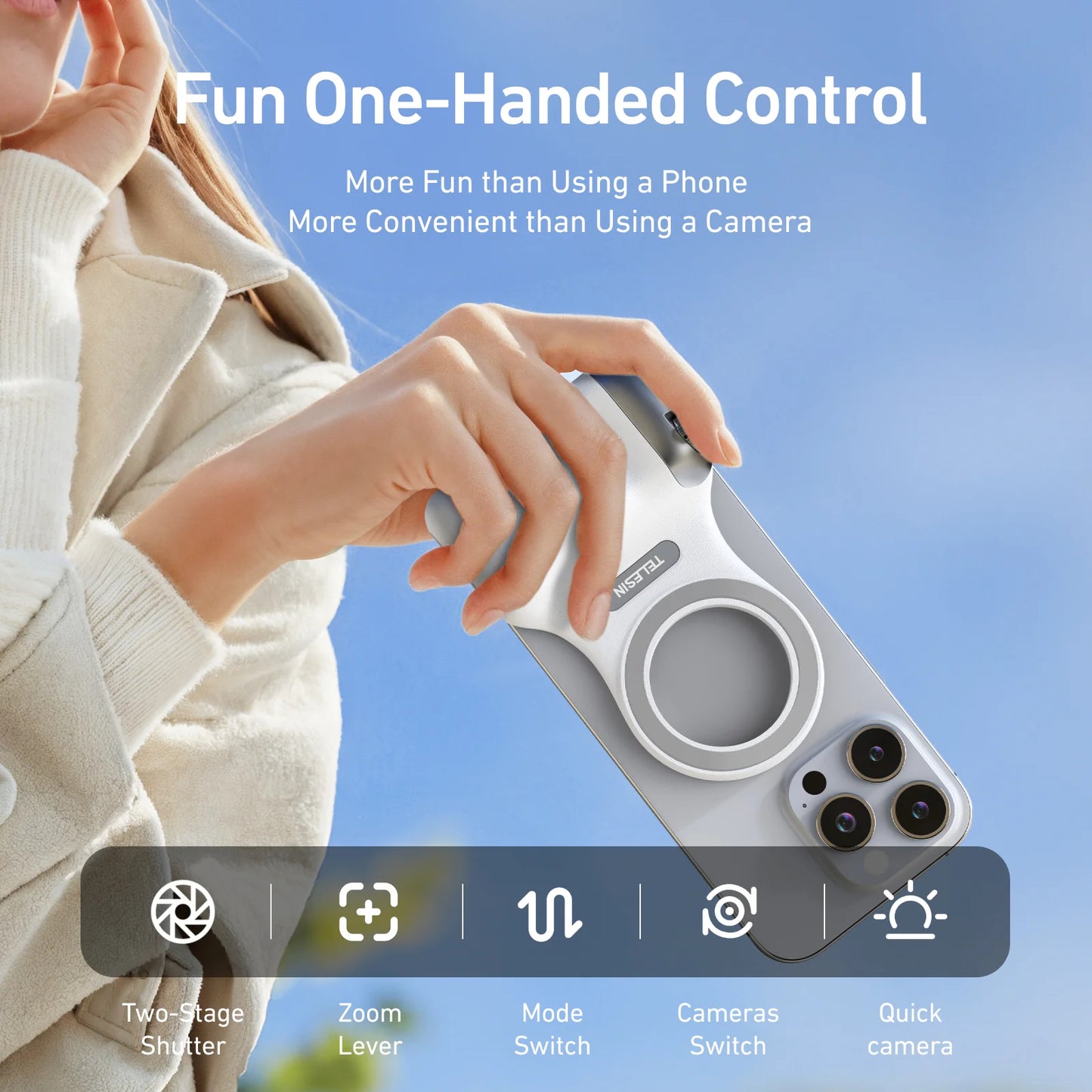 Magnetic Phone Camera Grip for iPhone/Android Fun Shot with Detachable Wireless Shutter Remote - Official Certification - 1/4" Tripod Screw - Comfort Ergonomic Camera Grip Handle Holder
