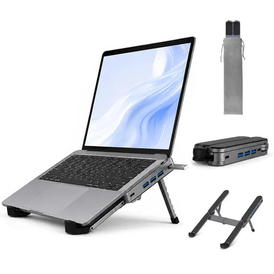 The world’s smallest foldable laptop stand with integrated USB hub—designed for modern mobile work.