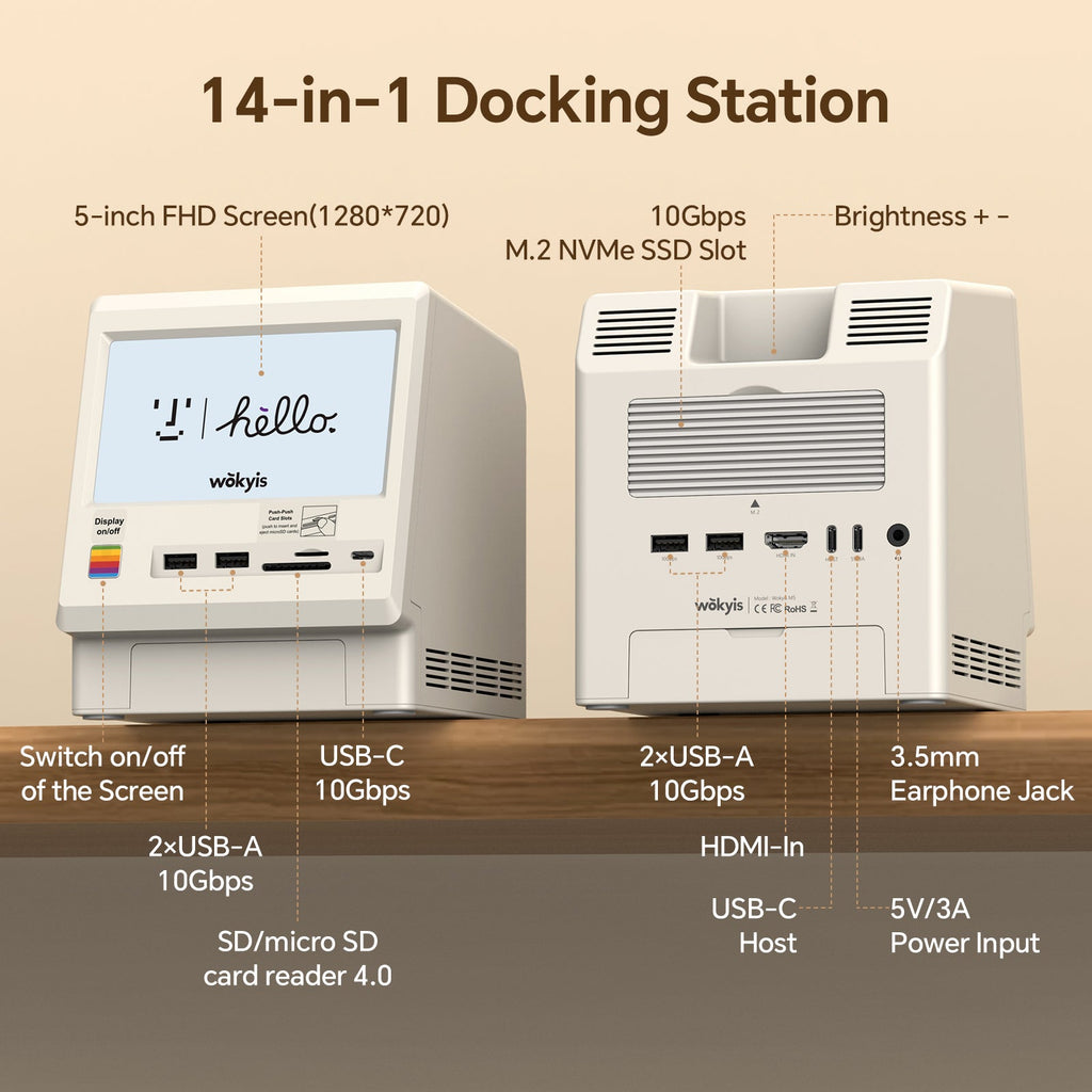 Retro Docking Station for Mac mini M4 with 5-inch Full HD Monitor and 10Gbps/80Gbps M.2 NVMe PCIe SSD Enclosure