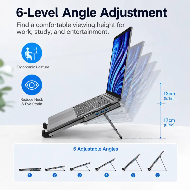 The world’s smallest foldable laptop stand with integrated USB hub—designed for modern mobile work.