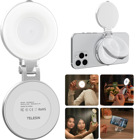Magnetic Selfie Light, Phone Light Compatible with iPhone Magsafe, CRI97 360° LED Selfie Ring Fill Light with Mirror for Selfies/Photography/TikTok/Zoom Calls/Video Conference