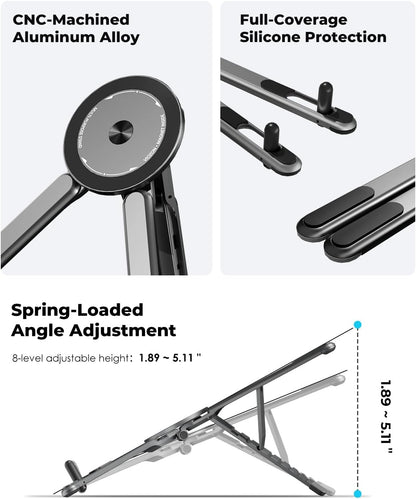 Portable Laptop Stand for Desk & Travel. Magnetic Phone Holder Tripod. Compatible with 10–16 Laptops and 4–13 Phones/Tablets. Compact Foldable Aluminum Alloy. 8-Level Height Adjustment