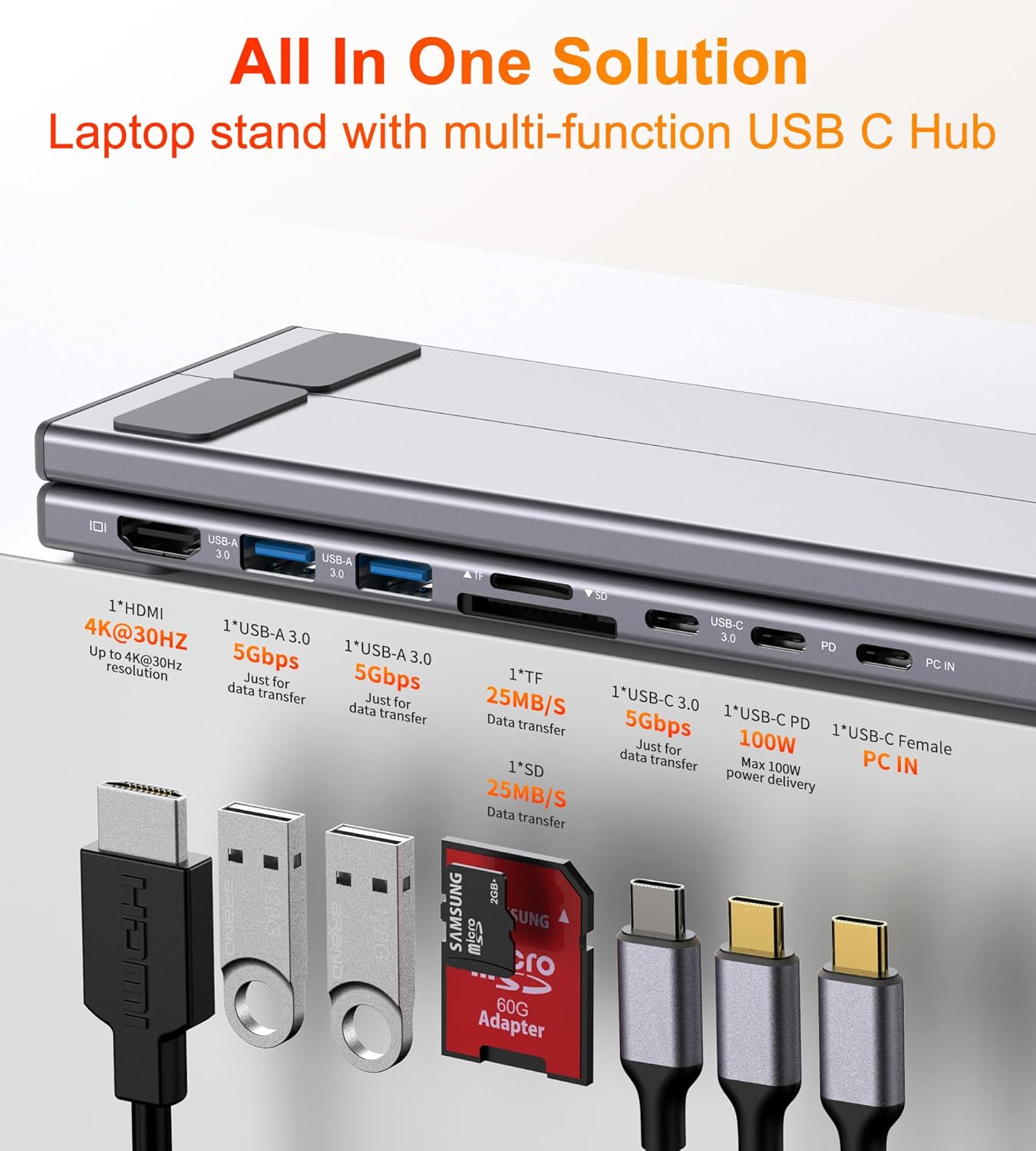 USB-C Docking Station Laptop Stand – 8-in-1 USB-C Hub with 4K HDMI, 100W PD, Dual USB 3.0