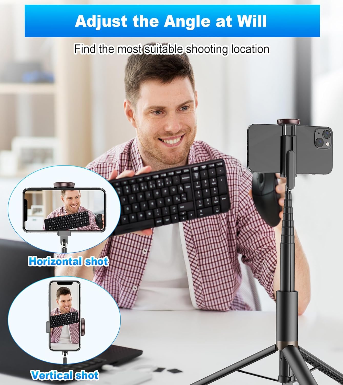 KOKOGOL 67" Cell Phone Selfie Stick Tripod,Smartphone Stand All-in-1 with Integrated Wireless Remote,Portable,Lightweight,Extendable for iPhone/Android(Black)