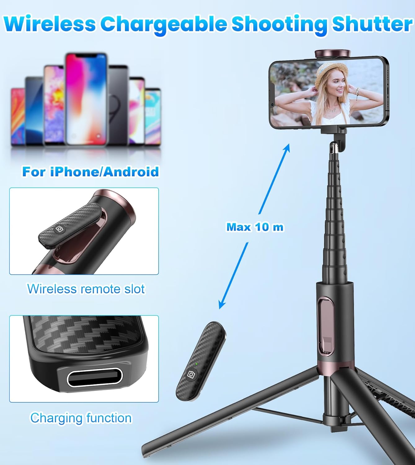 KOKOGOL 67" Cell Phone Selfie Stick Tripod,Smartphone Stand All-in-1 with Integrated Wireless Remote,Portable,Lightweight,Extendable for iPhone/Android(Black)