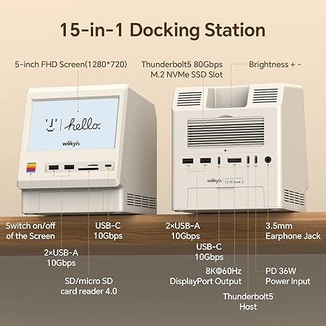 Retro Docking Station for Mac mini M4 with 5-inch Full HD Monitor and 10Gbps/80Gbps M.2 NVMe PCIe SSD Enclosure