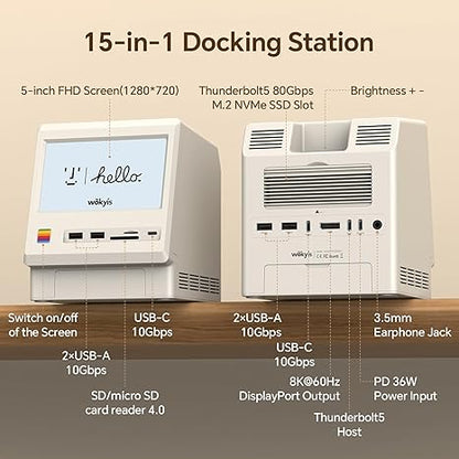 Retro Docking Station for Mac mini M4 with 5-inch Full HD Monitor and 10Gbps/80Gbps M.2 NVMe PCIe SSD Enclosure