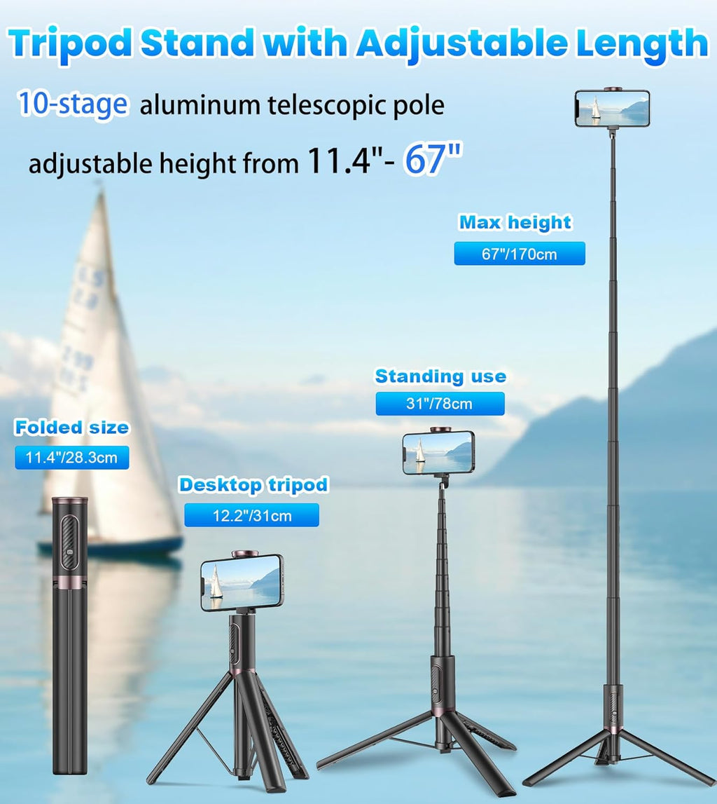 KOKOGOL 67" Cell Phone Selfie Stick Tripod,Smartphone Stand All-in-1 with Integrated Wireless Remote,Portable,Lightweight,Extendable for iPhone/Android(Black)
