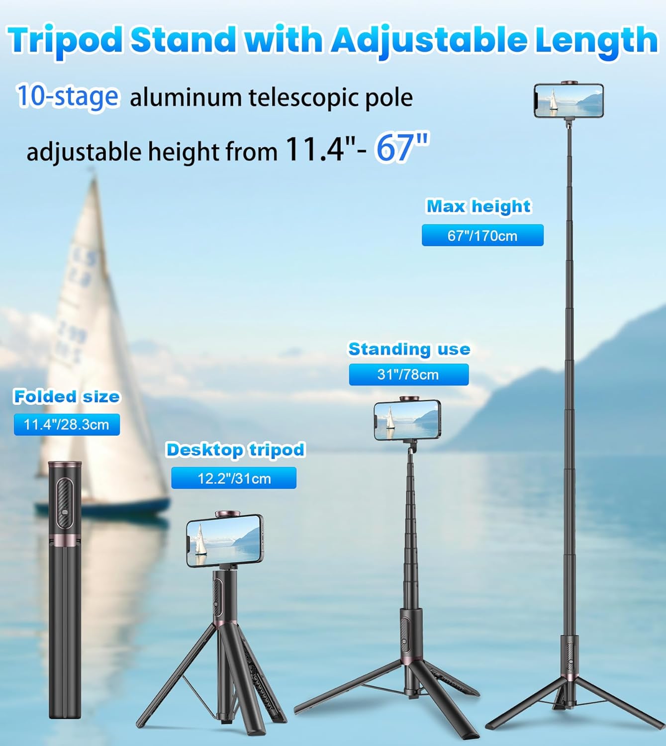 KOKOGOL 67" Cell Phone Selfie Stick Tripod,Smartphone Stand All-in-1 with Integrated Wireless Remote,Portable,Lightweight,Extendable for iPhone/Android(Black)