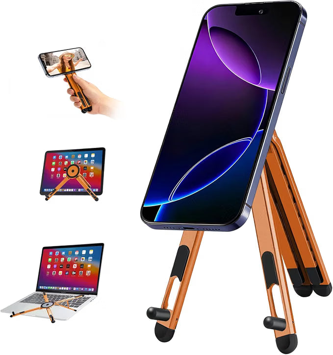 Portable Laptop Stand for Desk & Travel. Magnetic Phone Holder Tripod. Compatible with 10–16 Laptops and 4–13 Phones/Tablets. Compact Foldable Aluminum Alloy. 8-Level Height Adjustment