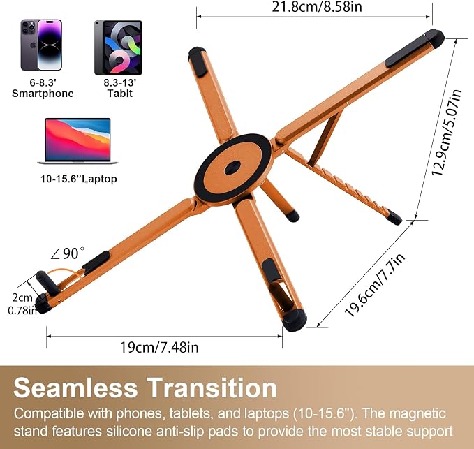 Portable Laptop Stand for Desk & Travel. Magnetic Phone Holder Tripod. Compatible with 10–16 Laptops and 4–13 Phones/Tablets. Compact Foldable Aluminum Alloy. 8-Level Height Adjustment