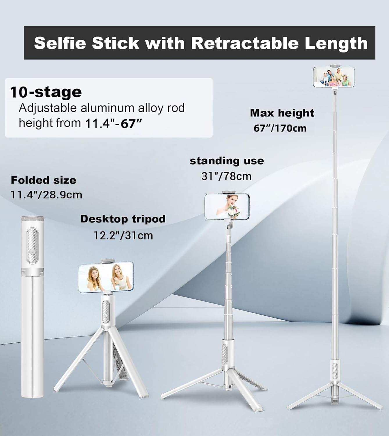 KOKOGOL 67" Cell Phone Selfie Stick Tripod,Smartphone Stand All-in-1 with Integrated Wireless Remote,Portable,Lightweight,Extendable for iPhone/Android(Black)