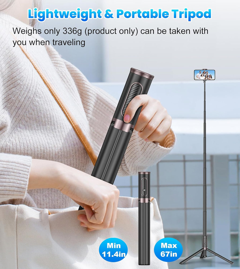 KOKOGOL 67" Cell Phone Selfie Stick Tripod,Smartphone Stand All-in-1 with Integrated Wireless Remote,Portable,Lightweight,Extendable for iPhone/Android(Black)
