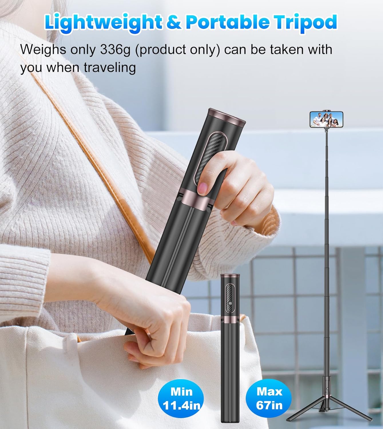 KOKOGOL 67" Cell Phone Selfie Stick Tripod,Smartphone Stand All-in-1 with Integrated Wireless Remote,Portable,Lightweight,Extendable for iPhone/Android(Black)