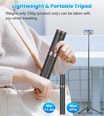KOKOGOL 67" Cell Phone Selfie Stick Tripod,Smartphone Stand All-in-1 with Integrated Wireless Remote,Portable,Lightweight,Extendable for iPhone/Android(Black)