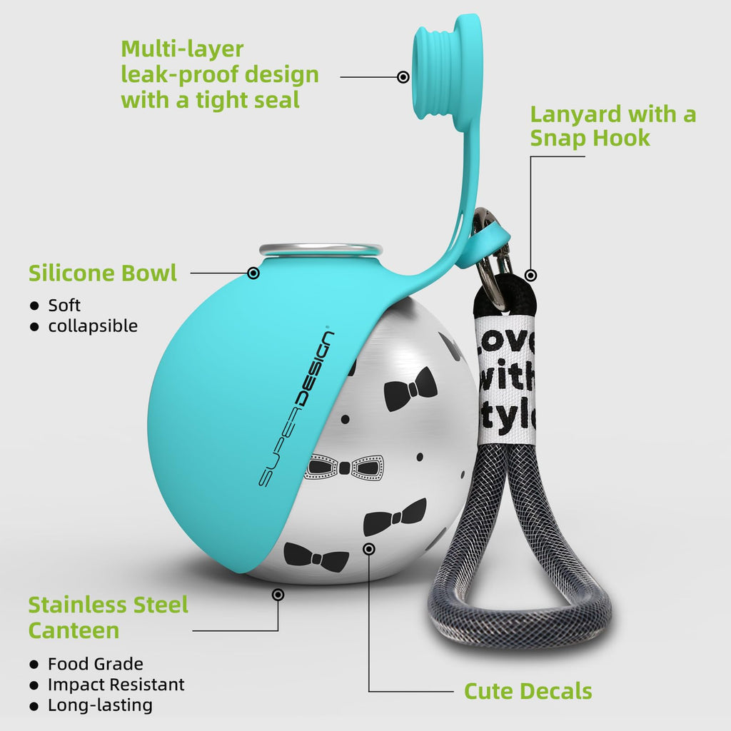 Round Stainless Steel Dog Water Bottle - 27oz Leak-Proof Portable Pet Travel Flask with Wide Drinking Bowl
