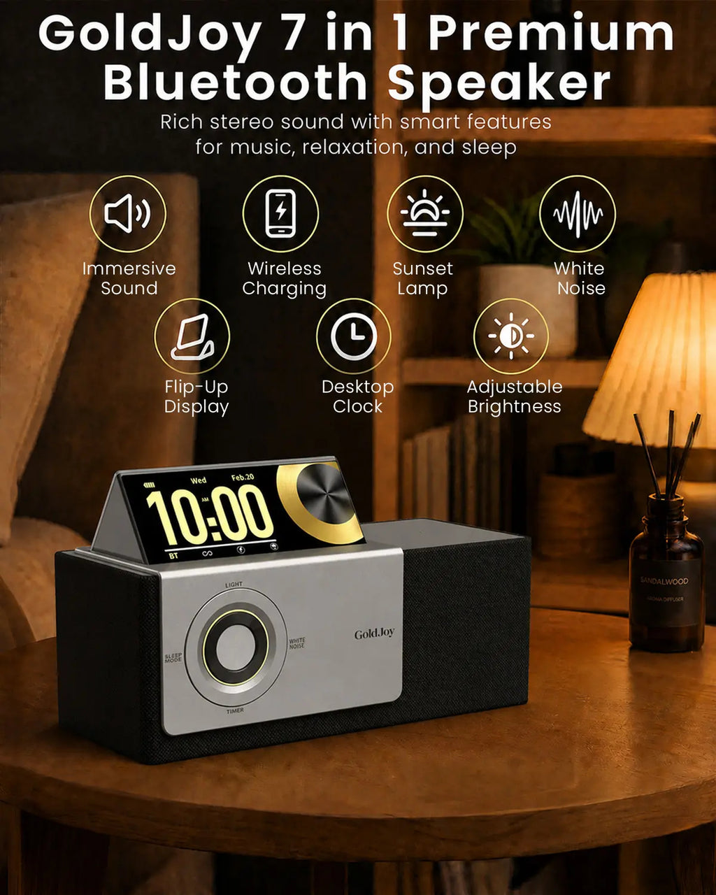 Flip-Up Display Screen Bluetooth Speaker, 7-in-1 Wireless Charging Station, Romantic Sunset Lamp