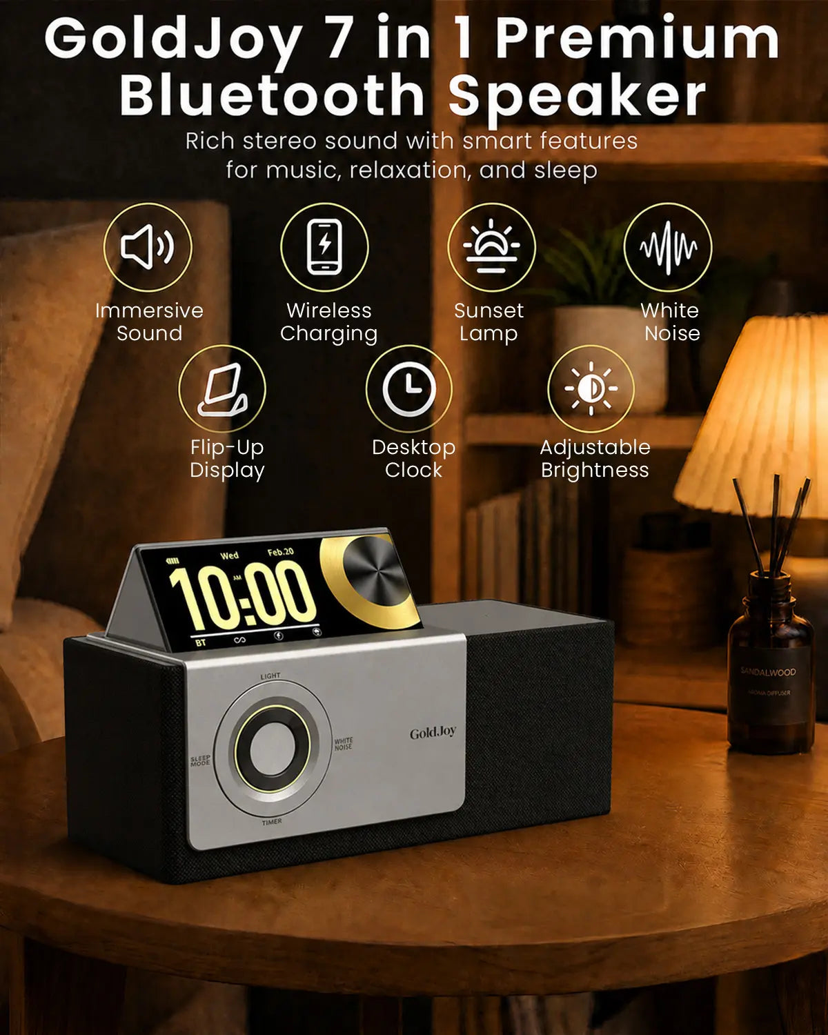 Flip-Up Display Screen Bluetooth Speaker, 7-in-1 Wireless Charging Station, Romantic Sunset Lamp