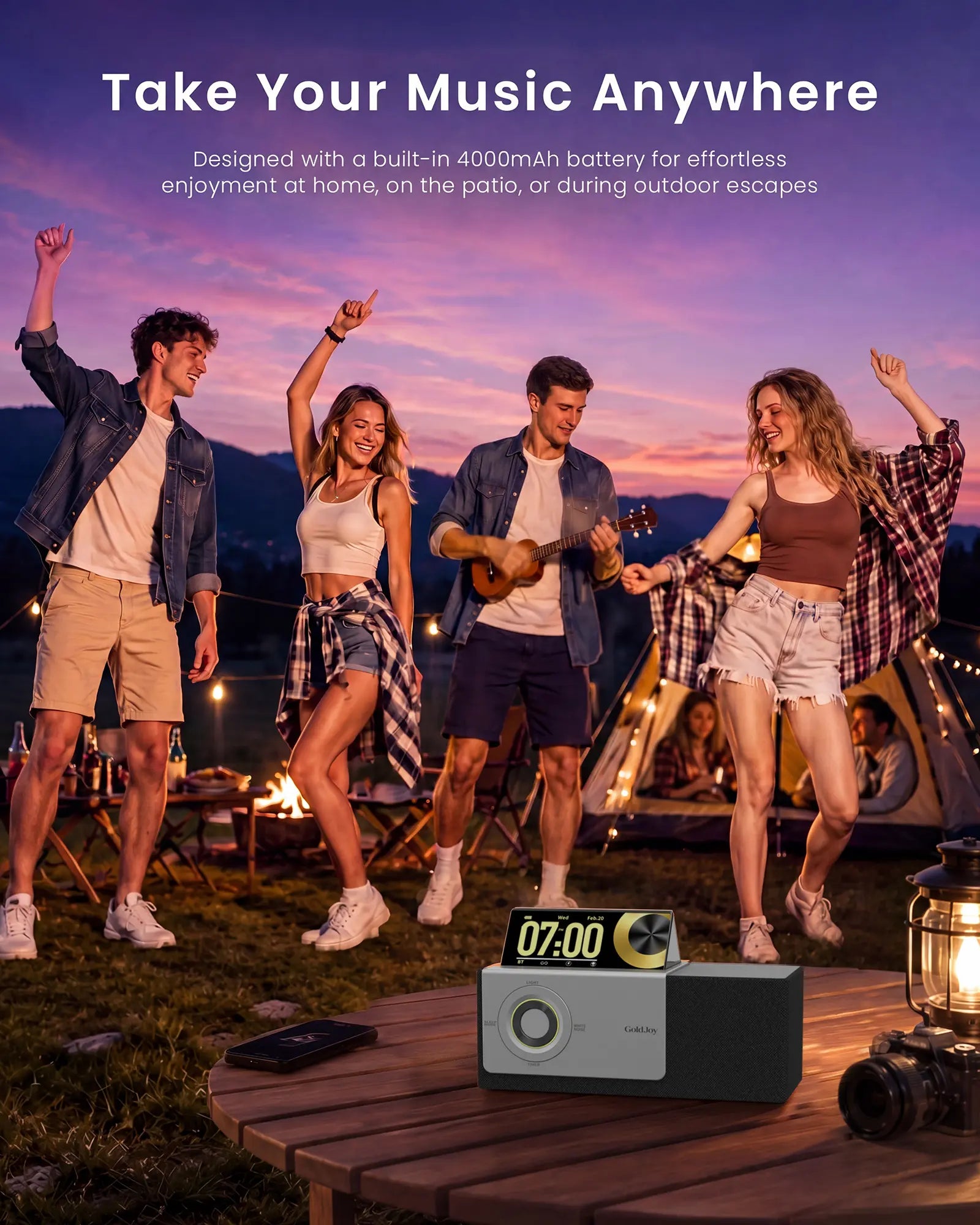 Flip-Up Display Screen Bluetooth Speaker, 7-in-1 Wireless Charging Station, Romantic Sunset Lamp