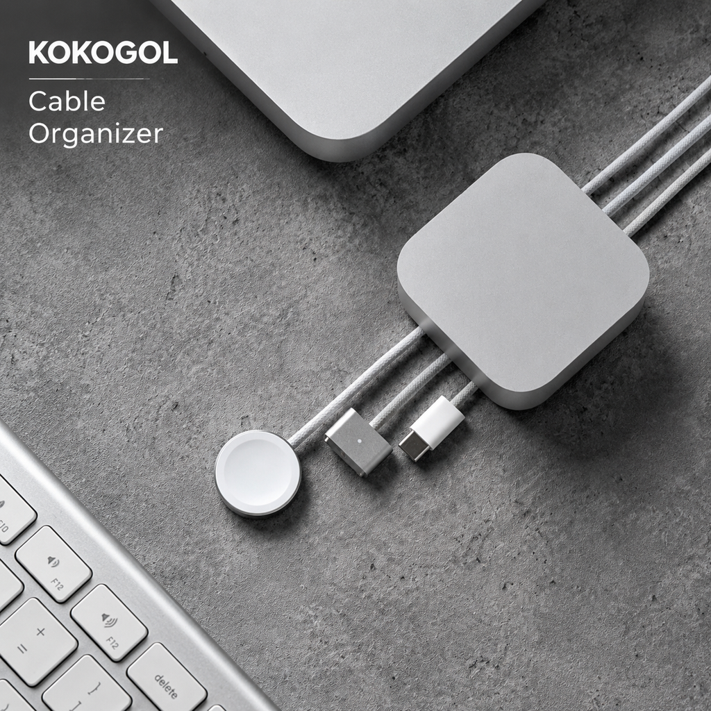 KOKOGOL_Aluminum_Alloy_Cable_Organizer_with_MagSafe_USB-C_and_Apple_Watch_charger_on_concrete_desk