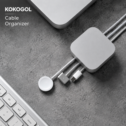KOKOGOL_Aluminum_Alloy_Cable_Organizer_with_MagSafe_USB-C_and_Apple_Watch_charger_on_concrete_desk