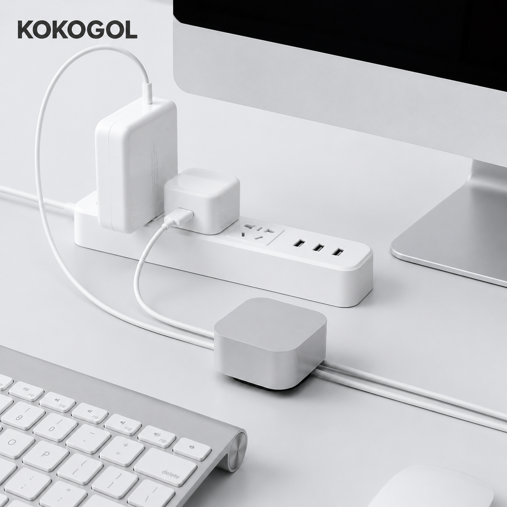 KOKOGOL_Cable_Organizer_desk_setup_with_iMac_keyboard_power_strip_and_charging_cables