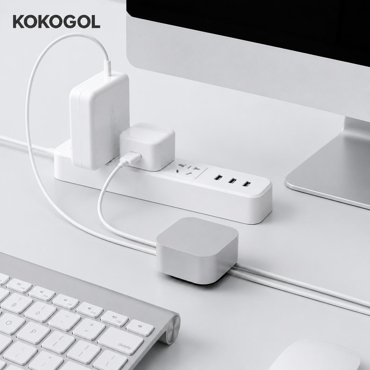 KOKOGOL_Cable_Organizer_desk_setup_with_iMac_keyboard_power_strip_and_charging_cables