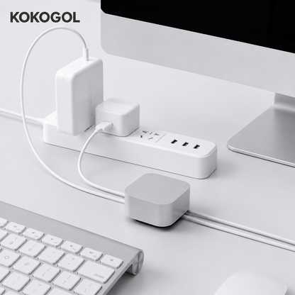 KOKOGOL_Cable_Organizer_desk_setup_with_iMac_keyboard_power_strip_and_charging_cables