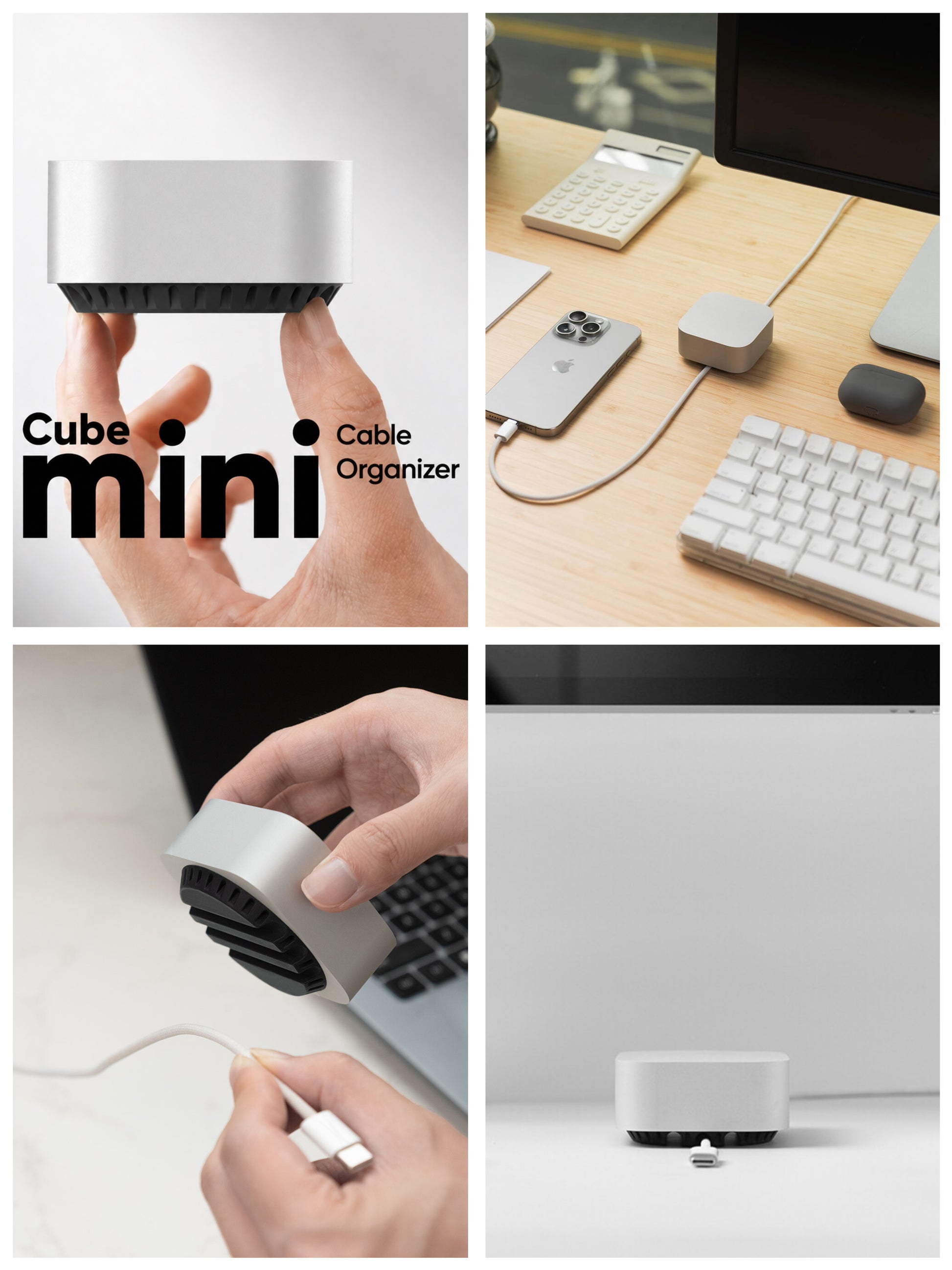 Keep your desk clean with KOKOGOL Cube Mini Cable Organizer. CNC aluminum alloy body, silicone anti-slip base, holds MagSafe, USB-C and Apple Watch cables. 64×64×31mm, 270g.