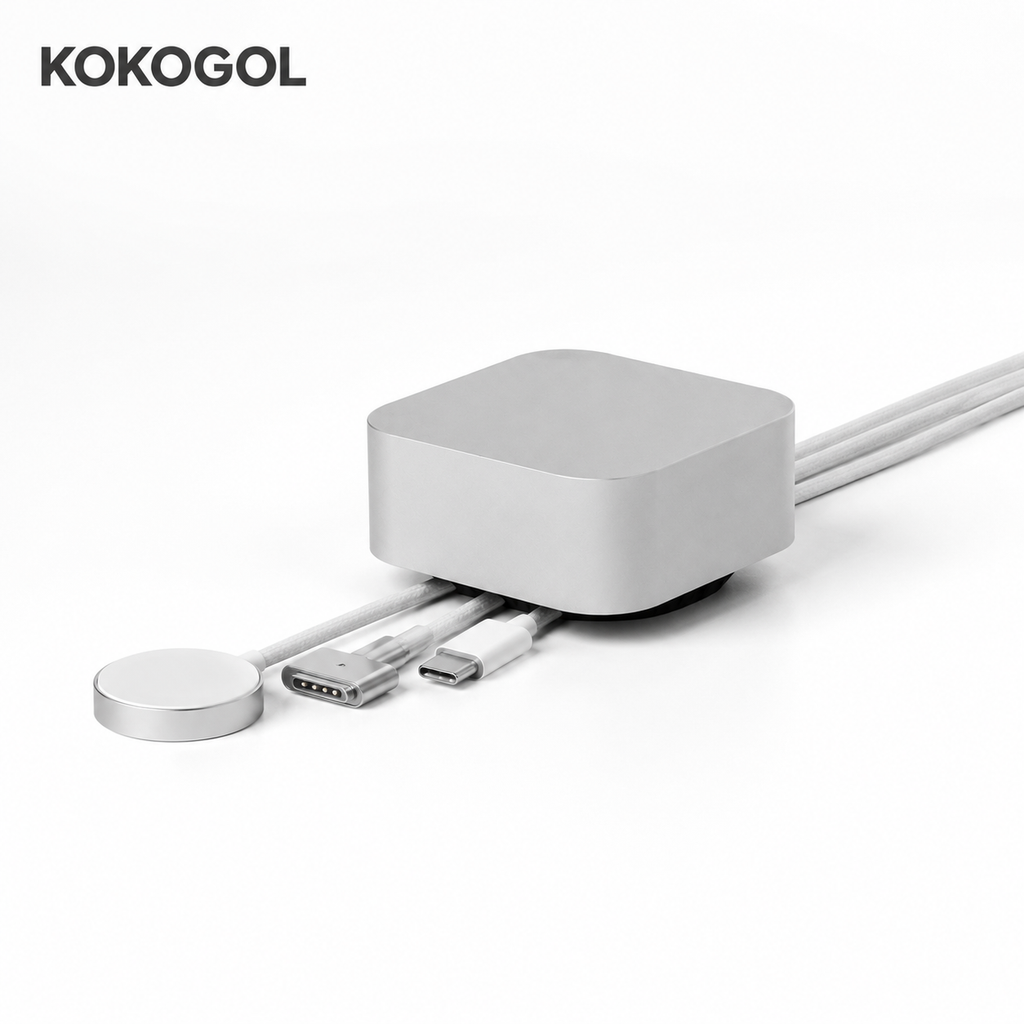 KOKOGOL_Cube_Mini_Cable_Organizer_silver_aluminum_with_MagSafe_MagSafe_USB