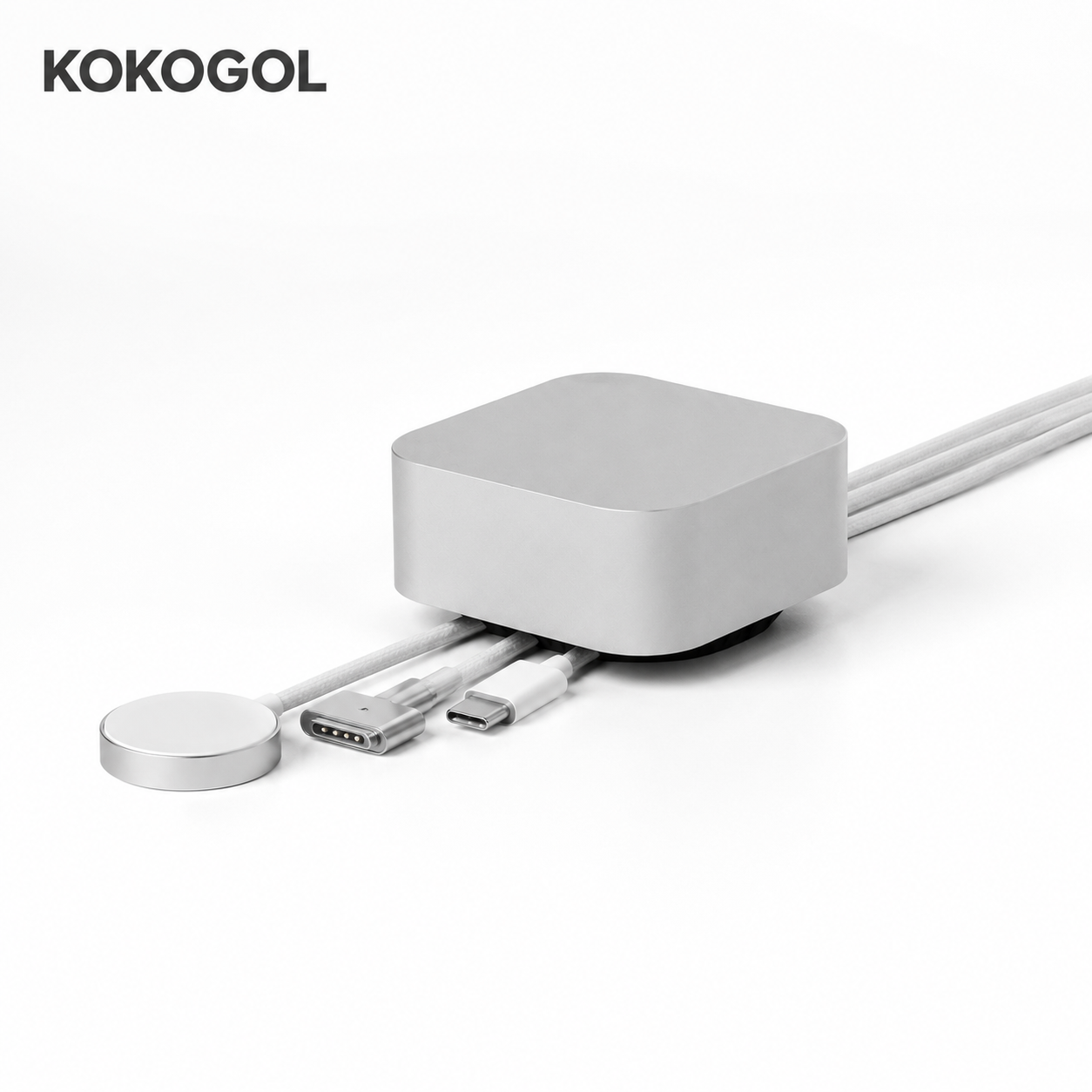 KOKOGOL_Cube_Mini_Cable_Organizer_silver_aluminum_with_MagSafe_MagSafe_USB
