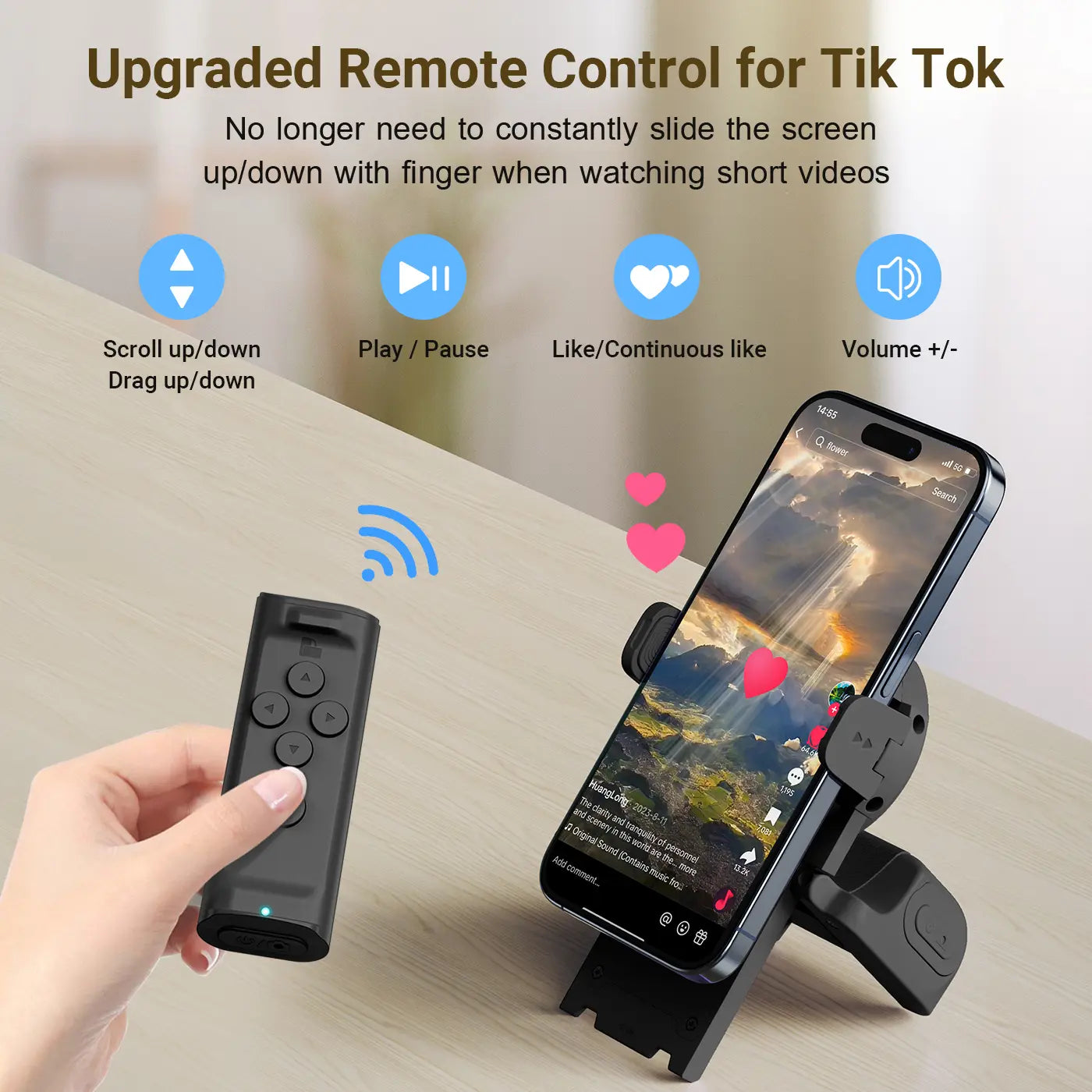 Remote Control for TikTok Scrolling with Phone Stand, Wireless Page Turner, Selfie Camera Shutter Video Recording for iOS Android