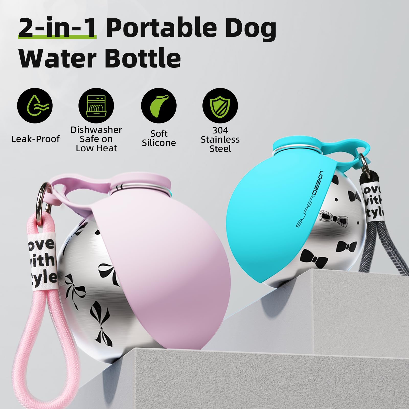 Round Stainless Steel Dog Water Bottle - 27oz Leak-Proof Portable Pet Travel Flask with Wide Drinking Bowl