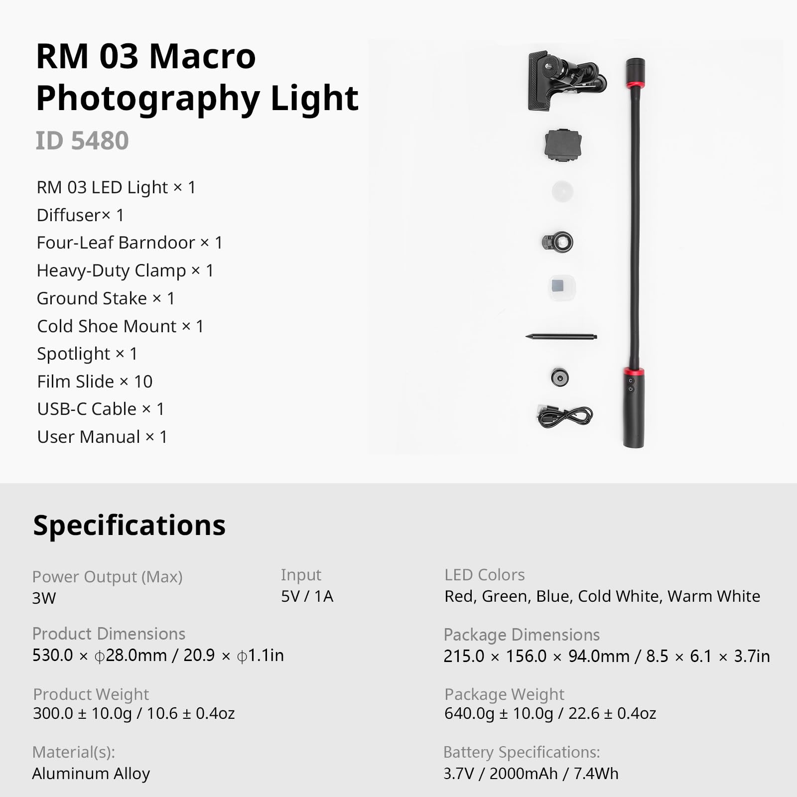 RM 03 Makro-Foto-LED-Leuchte für Pilze und Miniaturen, 5 Farben CRI95, flexibler Arm, Diffusor