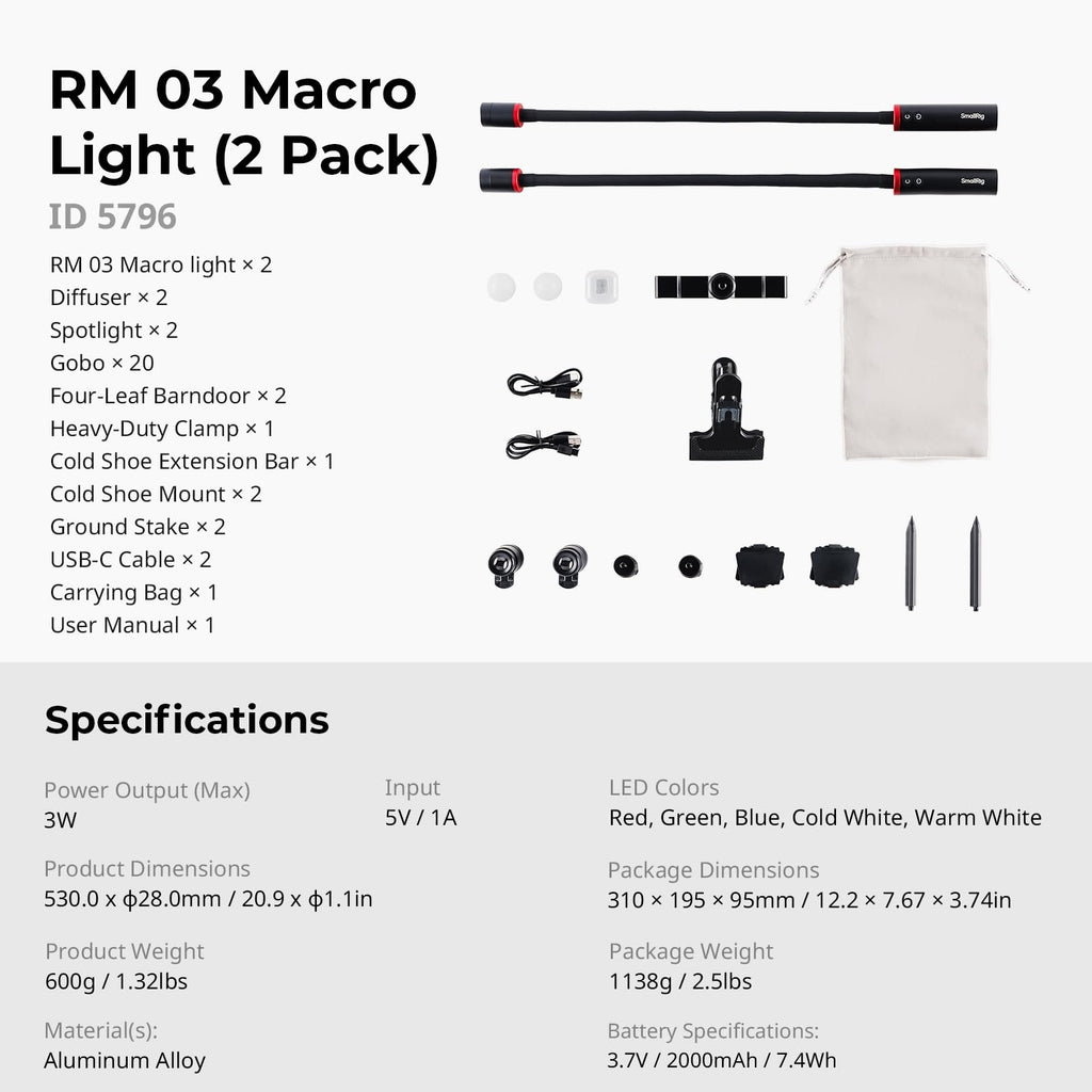 RM 03 Makro-Foto-LED-Leuchte für Pilze und Miniaturen, 5 Farben CRI95, flexibler Arm, Diffusor