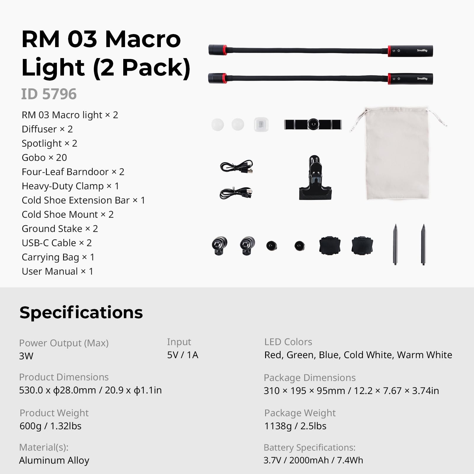 RM 03 Makro-Foto-LED-Leuchte für Pilze und Miniaturen, 5 Farben CRI95, flexibler Arm, Diffusor